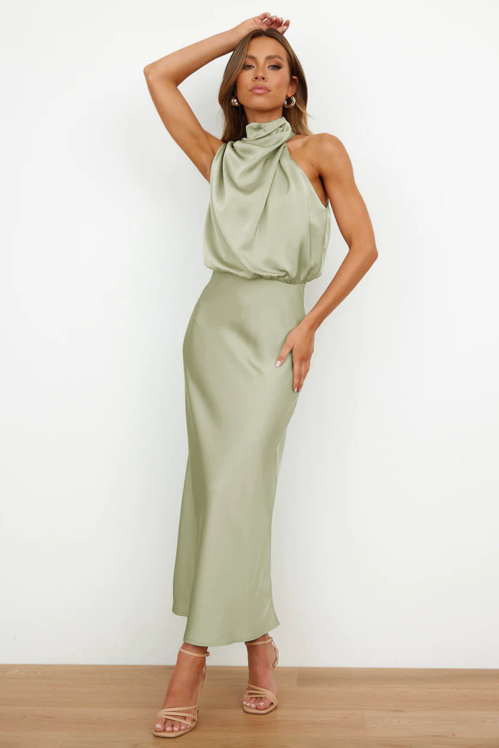 Valeria™ | Long Satin Dress With Halter Neckline