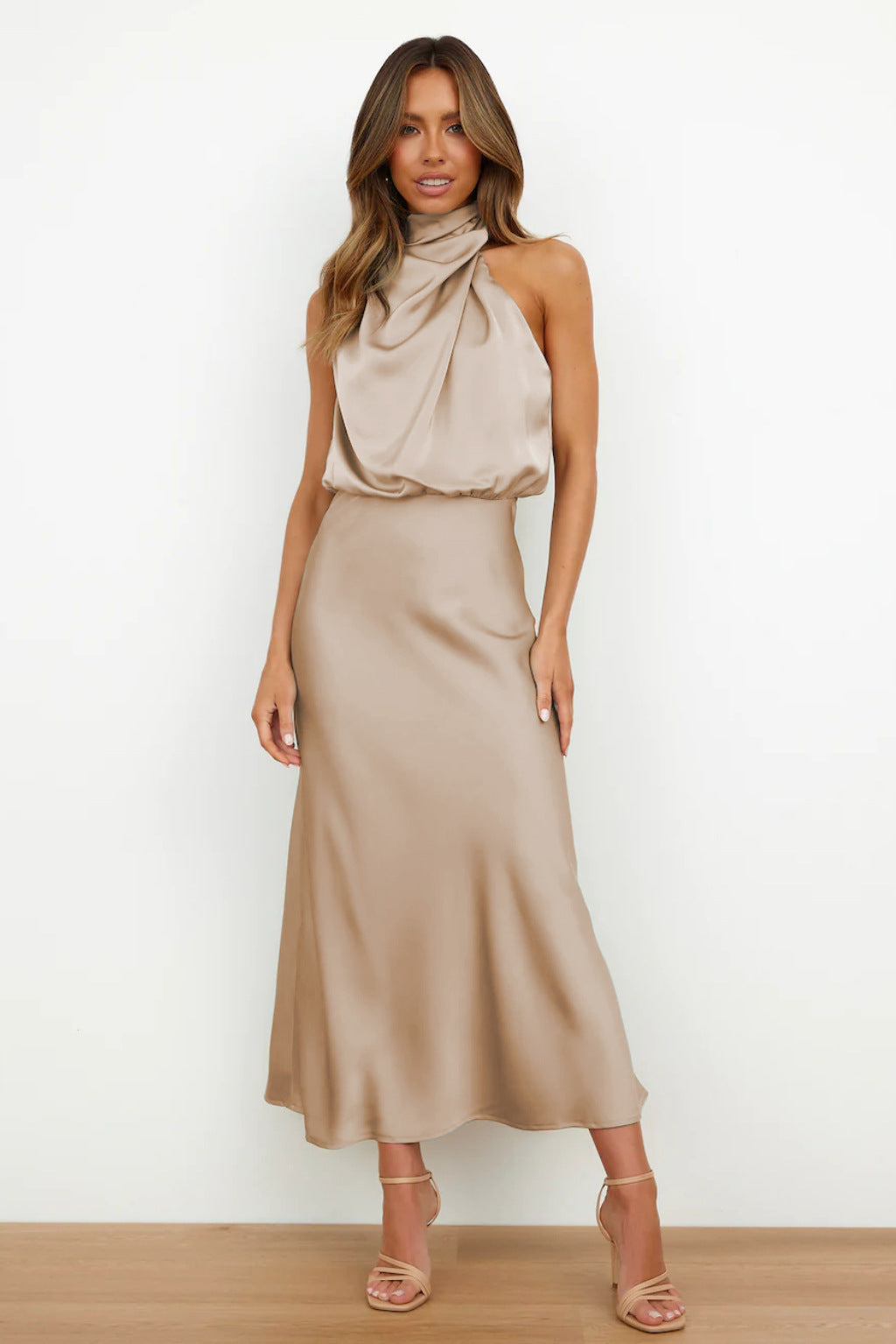 Valeria™ | Long Satin Dress With Halter Neckline